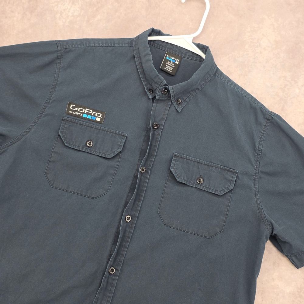 GoPro Be a HERO Mens Medium Short Sleeve Button Down Shirt Navy Workwear Logo